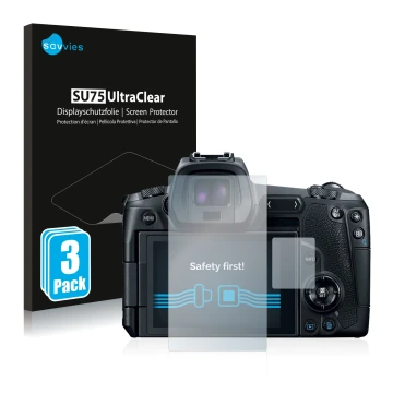 Vorderseite einer Produktverpackung mit dem Markenlogo Savvies. Daneben ist das Gerät Canon EOS R mit dem zugehörigen Displays