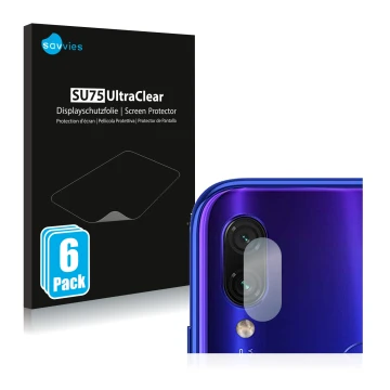 Vorderseite einer Produktverpackung mit dem Markenlogo Savvies. Daneben ist das Gerät Xiaomi Redmi Note 7 (NUR Kameraschutz) m