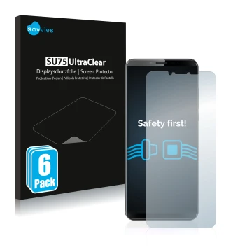 Vorderseite einer Produktverpackung mit dem Markenlogo Savvies. Daneben ist das Gerät Cubot X19 mit dem zugehörigen Displaysch