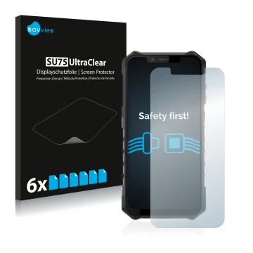 Vorderseite einer Produktverpackung mit dem Markenlogo Savvies. Daneben ist das Gerät Ulefone Armor 6 mit dem zugehörigen Disp