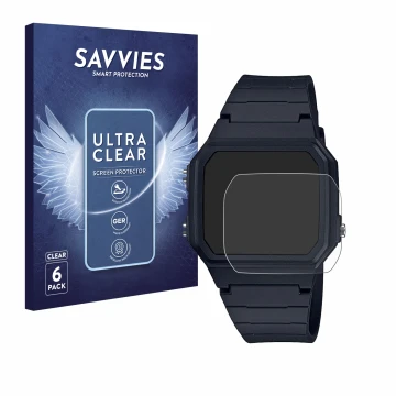 Vorderseite einer Produktverpackung mit dem Markenlogo Savvies. Daneben ist das Gerät Casio Unisex F-91W mit dem zugehörigen D