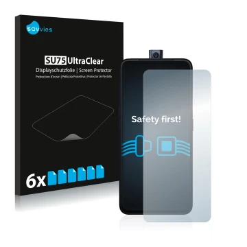 Vorderseite einer Produktverpackung mit dem Markenlogo Savvies. Daneben ist das Gerät Oppo F11 Pro mit dem zugehörigen Display
