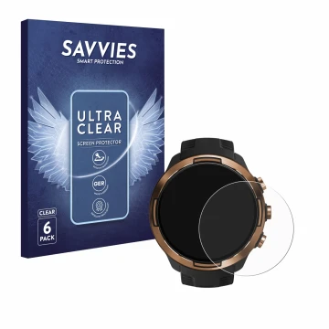 Vorderseite einer Produktverpackung mit dem Markenlogo Savvies. Daneben ist das Gerät Suunto 9 Baro mit dem zugehörigen Displa