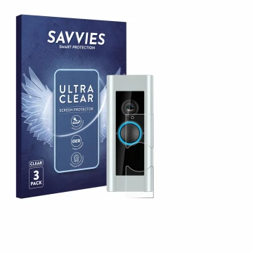 Vorderseite einer Produktverpackung mit dem Markenlogo Savvies. Daneben ist das Gerät Ring Video Doorbell Pro (Version 2) mit 