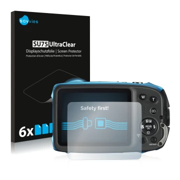Vorderseite einer Produktverpackung mit dem Markenlogo Savvies. Daneben ist das Gerät Fujifilm FinePix XP140 mit dem zugehörig