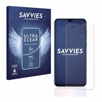 Vorderseite einer Produktverpackung mit dem Markenlogo Savvies. Daneben ist das Gerät Xiaomi Mi 9 SE mit dem zugehörigen Displ
