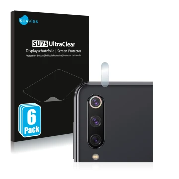 Vorderseite einer Produktverpackung mit dem Markenlogo Savvies. Daneben ist das Gerät Xiaomi Mi 9 SE (NUR Kameraschutz) mit de