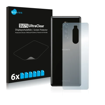 Vorderseite einer Produktverpackung mit dem Markenlogo Savvies. Daneben ist das Gerät Sony Xperia 1 (Rückseite) mit dem zugehö