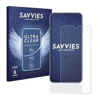 Vorderseite einer Produktverpackung mit dem Markenlogo Savvies. Daneben ist das Gerät Samsung Galaxy A40 mit dem zugehörigen D