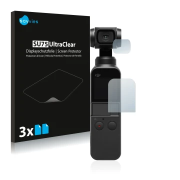 Vorderseite einer Produktverpackung mit dem Markenlogo Savvies. Daneben ist das Gerät DJI Osmo Pocket (Display + Linse) mit de