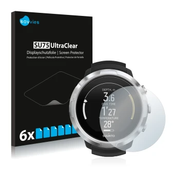 Vorderseite einer Produktverpackung mit dem Markenlogo Savvies. Daneben ist das Gerät Suunto D6 Support mit dem zugehörigen Di