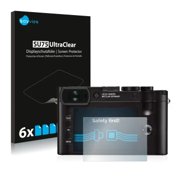 Vorderseite einer Produktverpackung mit dem Markenlogo Savvies. Daneben ist das Gerät Leica Q2 mit dem zugehörigen Displayschu