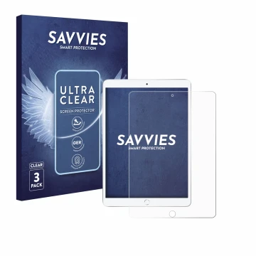 Vorderseite einer Produktverpackung mit dem Markenlogo Savvies. Daneben ist das Gerät Apple iPad Air 2019 (3. Gen.) mit dem zu