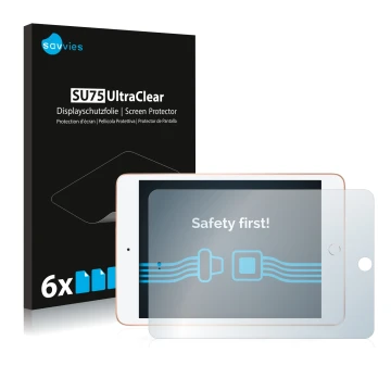 Vorderseite einer Produktverpackung mit dem Markenlogo Savvies. Daneben ist das Gerät Apple iPad Mini 5 2019 (im Querformat, 5