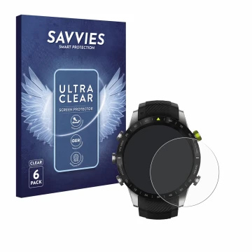 Vorderseite einer Produktverpackung mit dem Markenlogo Savvies. Daneben ist das Gerät Garmin Marq Athlete mit dem zugehörigen 