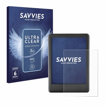 Vorderseite einer Produktverpackung mit dem Markenlogo Savvies. Daneben ist das Gerät Amazon Kindle 2019 (10. Gen.) mit dem zu