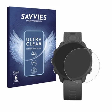 Vorderseite einer Produktverpackung mit dem Markenlogo Savvies. Daneben ist das Gerät Garmin Forerunner 245 Music mit dem zuge