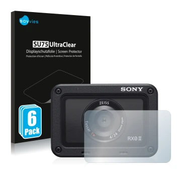 Vorderseite einer Produktverpackung mit dem Markenlogo Savvies. Daneben ist das Gerät Sony DSC-RX0M2 (RX0 II) (Linse) mit dem 