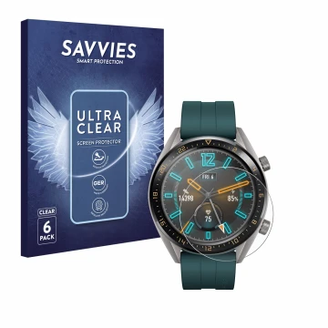 Vorderseite einer Produktverpackung mit dem Markenlogo Savvies. Daneben ist das Gerät Huawei Watch GT Active mit dem zugehörig