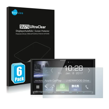Vorderseite einer Produktverpackung mit dem Markenlogo Savvies. Daneben ist das Gerät Kenwood DMX7017DABS mit dem zugehörigen 