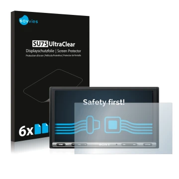 Vorderseite einer Produktverpackung mit dem Markenlogo Savvies. Daneben ist das Gerät Sony XAV-AX3005DB mit dem zugehörigen Di
