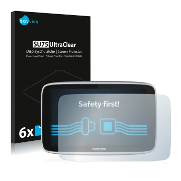 Vorderseite einer Produktverpackung mit dem Markenlogo Savvies. Daneben ist das Gerät TomTom GO Premium X mit dem zugehörigen 