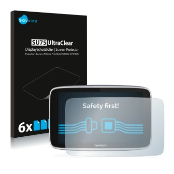 Vorderseite einer Produktverpackung mit dem Markenlogo Savvies. Daneben ist das Gerät TomTom GO Premium (5