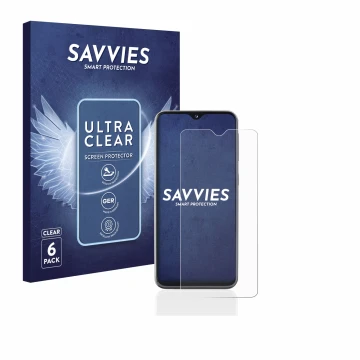 Vorderseite einer Produktverpackung mit dem Markenlogo Savvies. Daneben ist das Gerät Samsung Galaxy A20e mit dem zugehörigen 