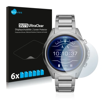 Vorderseite einer Produktverpackung mit dem Markenlogo Savvies. Daneben ist das Gerät Emporio Armani Connected Exchange AXT200