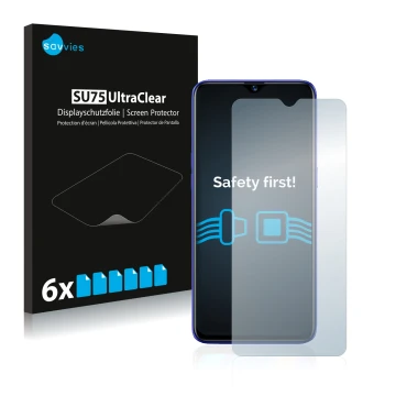 Vorderseite einer Produktverpackung mit dem Markenlogo Savvies. Daneben ist das Gerät realme 3 Pro mit dem zugehörigen Display