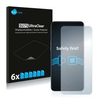 Vorderseite einer Produktverpackung mit dem Markenlogo Savvies. Daneben ist das Gerät Oppo Reno 5G mit dem zugehörigen Display