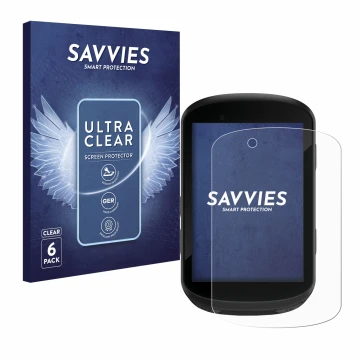 Vorderseite einer Produktverpackung mit dem Markenlogo Savvies. Daneben ist das Gerät Garmin Edge 830 mit dem zugehörigen Disp