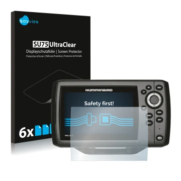 Vorderseite einer Produktverpackung mit dem Markenlogo Savvies. Daneben ist das Gerät Humminbird Helix 5 mit dem zugehörigen D