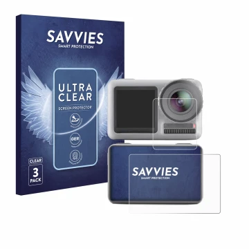 Vorderseite einer Produktverpackung mit dem Markenlogo Savvies. Daneben ist das Gerät DJI Osmo Action mit dem zugehörigen Disp