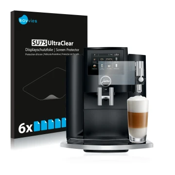 Vorderseite einer Produktverpackung mit dem Markenlogo Savvies. Daneben ist das Gerät Jura S8 mit dem zugehörigen Displayschut