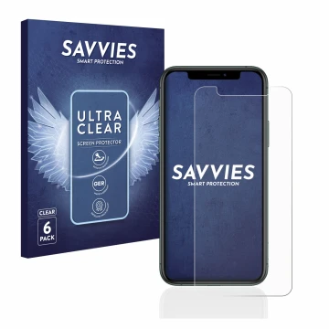 Vorderseite einer Produktverpackung mit dem Markenlogo Savvies. Daneben ist das Gerät Apple iPhone 11 Pro mit dem zugehörigen 