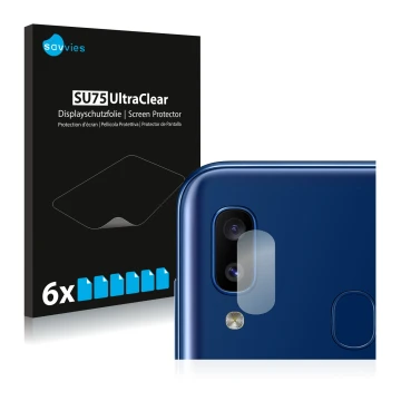 Vorderseite einer Produktverpackung mit dem Markenlogo Savvies. Daneben ist das Gerät Samsung Galaxy A20e (NUR Kameraschutz) m