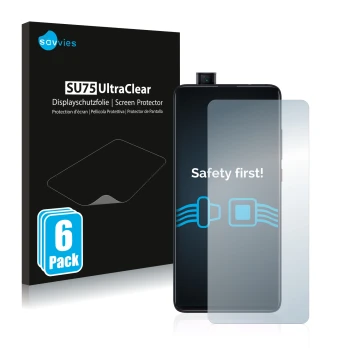 Vorderseite einer Produktverpackung mit dem Markenlogo Savvies. Daneben ist das Gerät Xiaomi Mi 9T mit dem zugehörigen Display