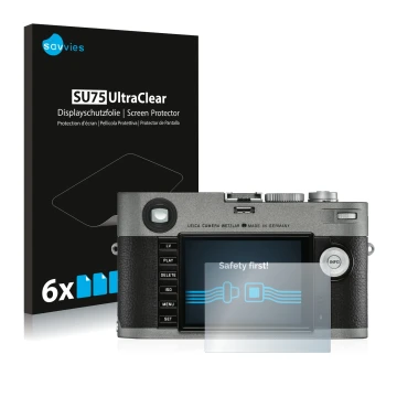 Vorderseite einer Produktverpackung mit dem Markenlogo Savvies. Daneben ist das Gerät Leica M-E Typ 240 2019 mit dem zugehörig