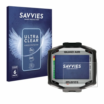 Vorderseite einer Produktverpackung mit dem Markenlogo Savvies. Daneben ist das Gerät Mares Quad Air mit dem zugehörigen Displ