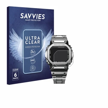 Vorderseite einer Produktverpackung mit dem Markenlogo Savvies. Daneben ist das Gerät Casio G-Shock GMW-B5000D-1ER mit dem zug