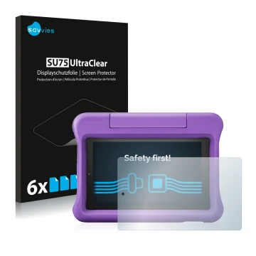 Vorderseite einer Produktverpackung mit dem Markenlogo Savvies. Daneben ist das Gerät Amazon Fire 7 Kids Edition 2019 (9. Gen.