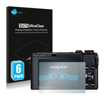 Vorderseite einer Produktverpackung mit dem Markenlogo Savvies. Daneben ist das Gerät Canon PowerShot G5 X Mark II mit dem zug