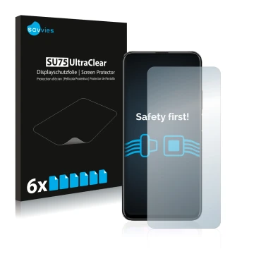 Vorderseite einer Produktverpackung mit dem Markenlogo Savvies. Daneben ist das Gerät Honor 9X mit dem zugehörigen Displayschu