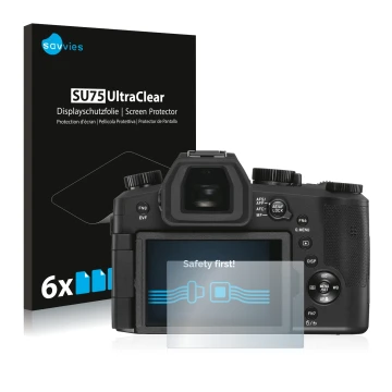 Vorderseite einer Produktverpackung mit dem Markenlogo Savvies. Daneben ist das Gerät Leica V-LUX 5 mit dem zugehörigen Displa