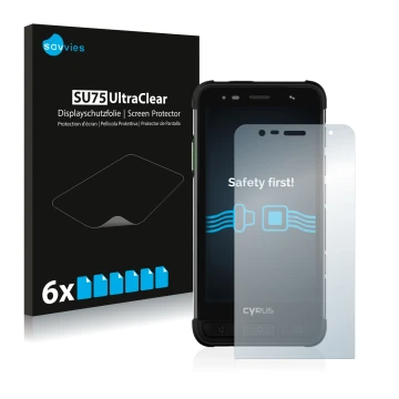 Vorderseite einer Produktverpackung mit dem Markenlogo Savvies. Daneben ist das Gerät Cyrus CS45 XA mit dem zugehörigen Displa