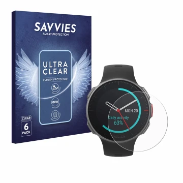 Vorderseite einer Produktverpackung mit dem Markenlogo Savvies. Daneben ist das Gerät Polar Vantage V Titan mit dem zugehörige
