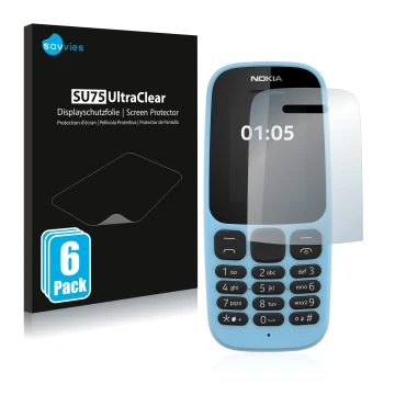 Vorderseite einer Produktverpackung mit dem Markenlogo Savvies. Daneben ist das Gerät Nokia 105 2019 mit dem zugehörigen Displ