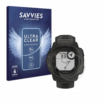 Vorderseite einer Produktverpackung mit dem Markenlogo Savvies. Daneben ist das Gerät Garmin Instinct Tactical Edition mit dem