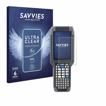 Vorderseite einer Produktverpackung mit dem Markenlogo Savvies. Daneben ist das Gerät Honeywell Dolphin CK65 mit dem zugehörig
